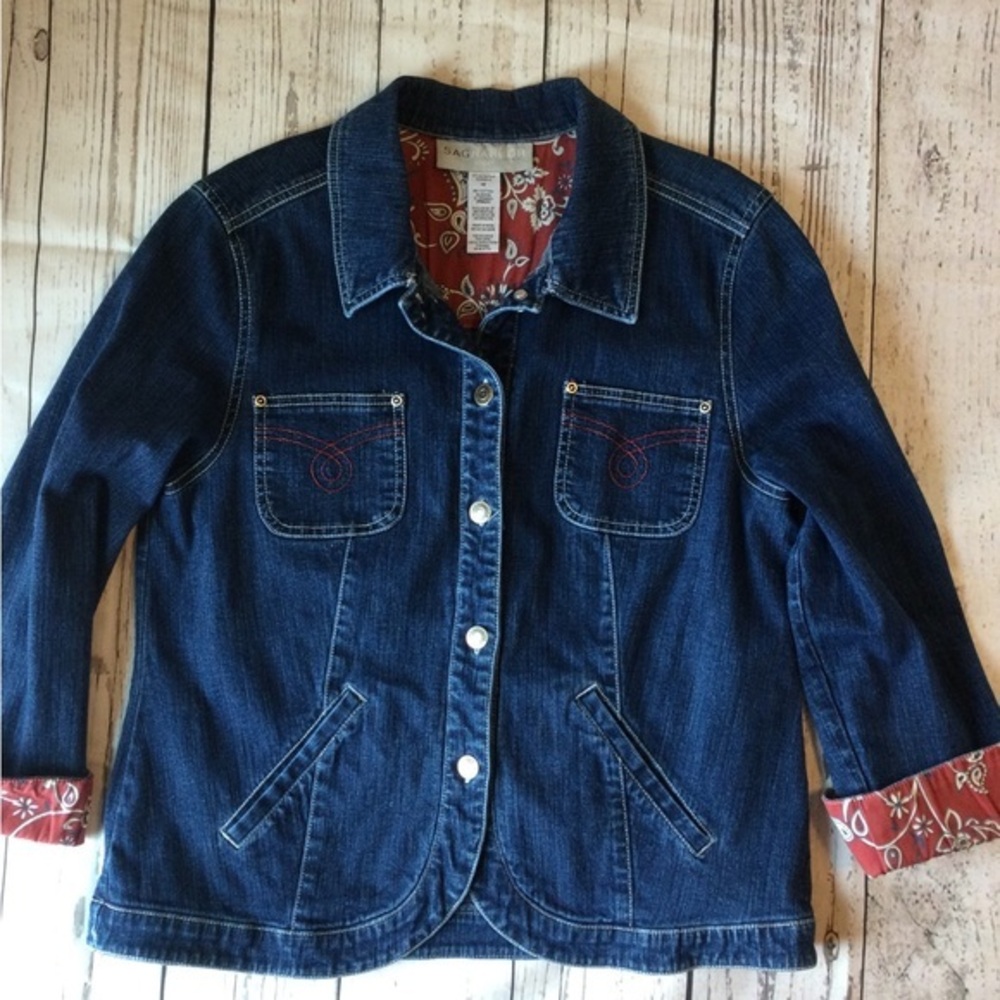 Sag Harbor Sport Y2K Denim Button Jacket with Red Accents Chic Size 12